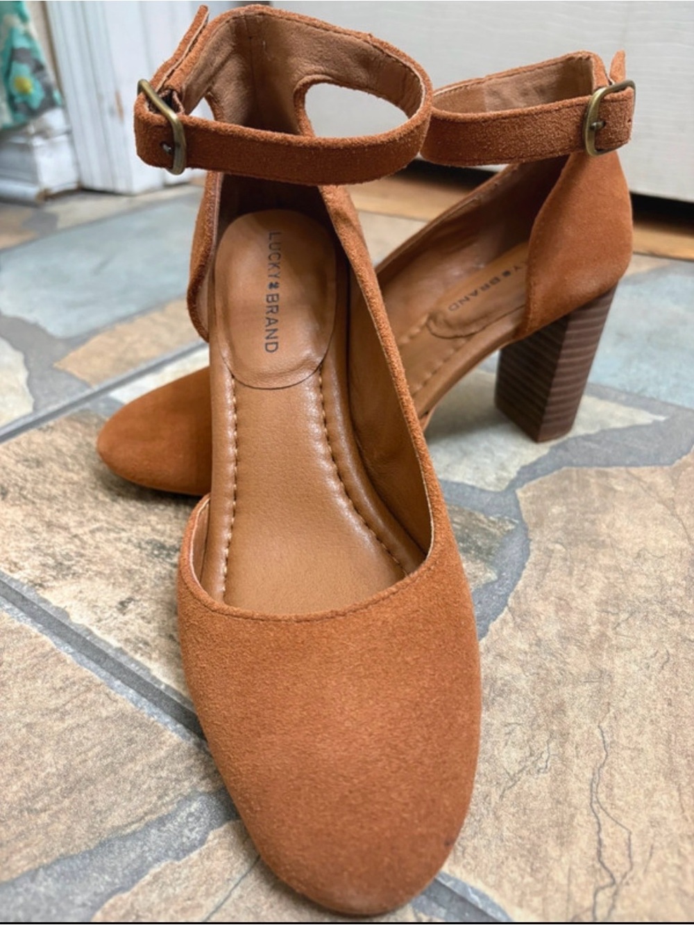 Lucky Brand Women's Rust Suede Ankle Strap Block Heels